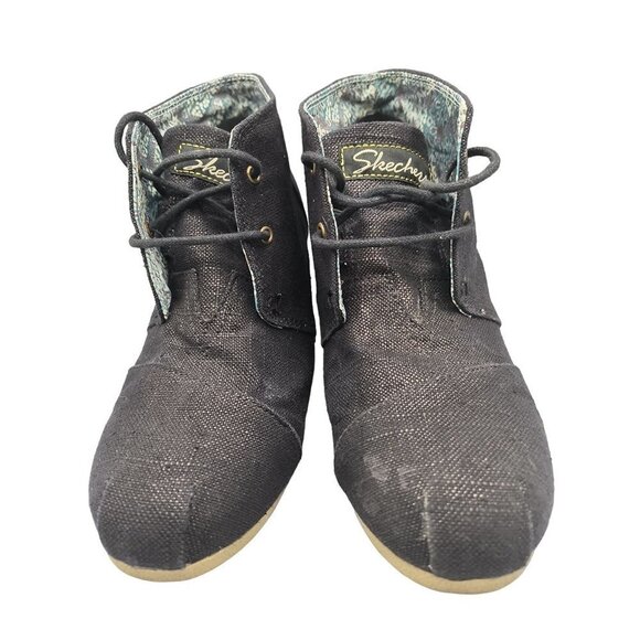 Bobs From Skechers Wedge Booties Black Wrap Style Heels Shoes Womens Size 8 - Picture 2 of 5